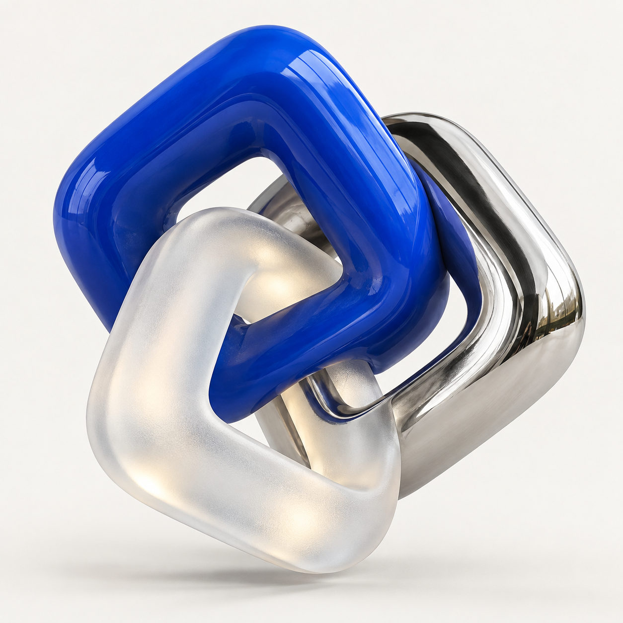 Trois formes reliées, en bleu, verre et métal, symbolisant l’écosystème BEQUANIM